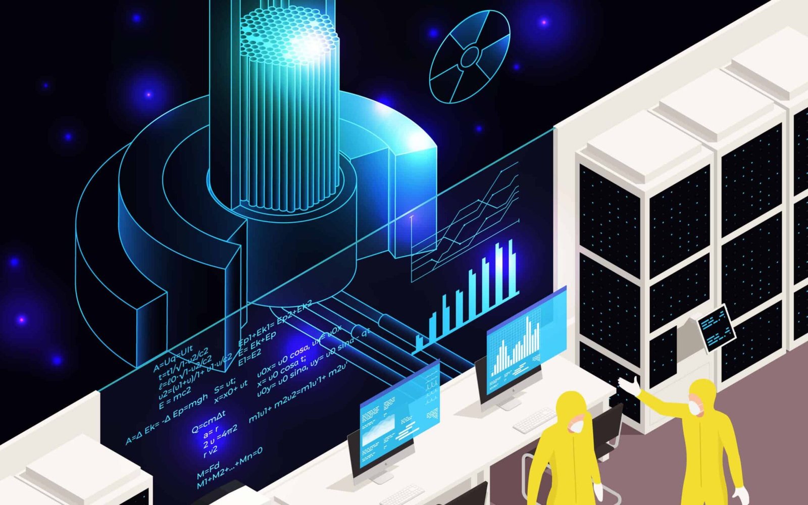 Digital twins reactors advanced simulation testing running technology based on physical model data isometric composition vector illustration